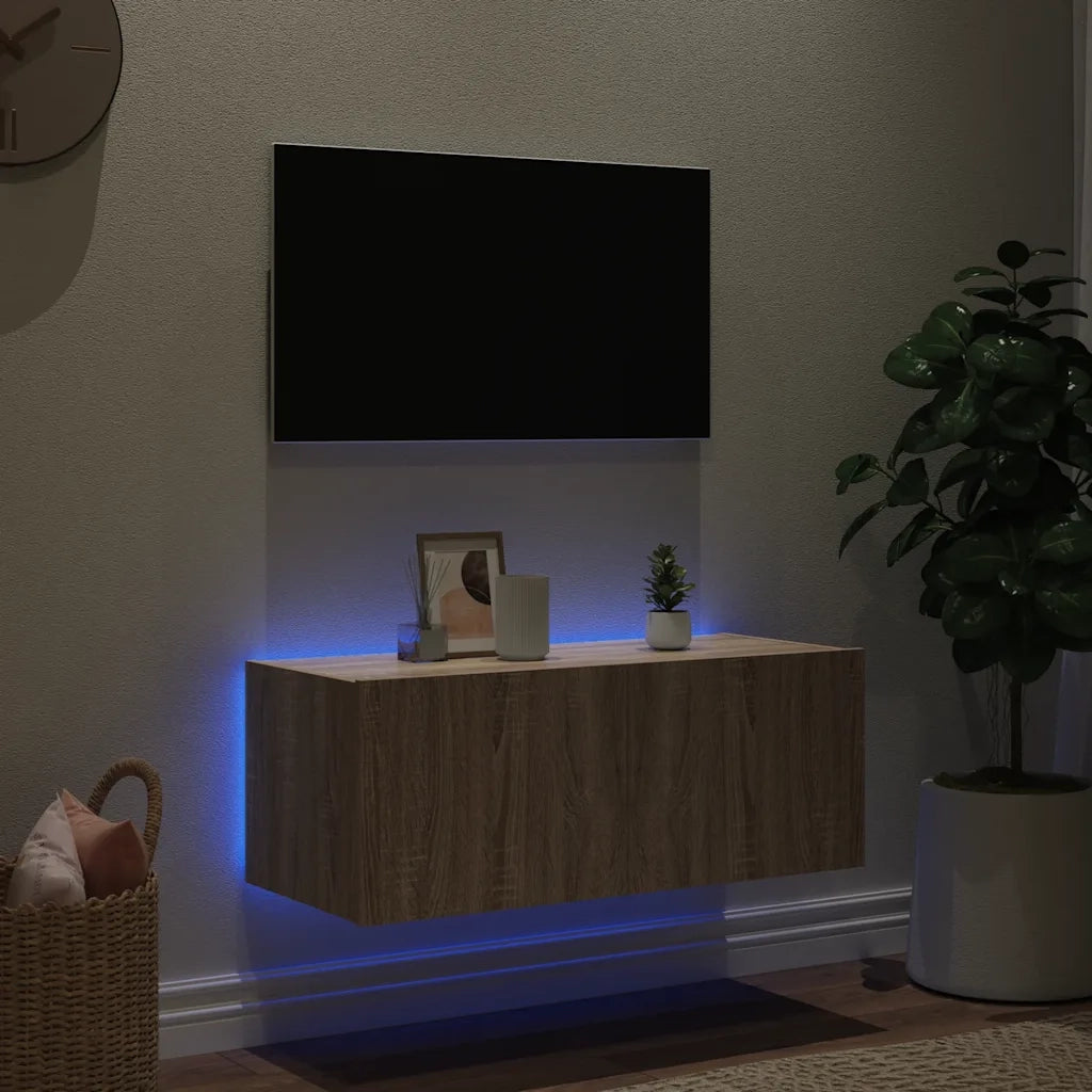 Mobile TV a Parete con Luci LED Rovere Sonoma 80x35x31 cm
