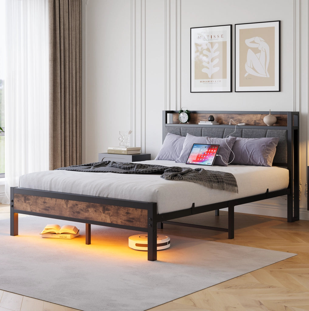 Letto 140x200 cm con LED, USB, presa e testiera contenitore