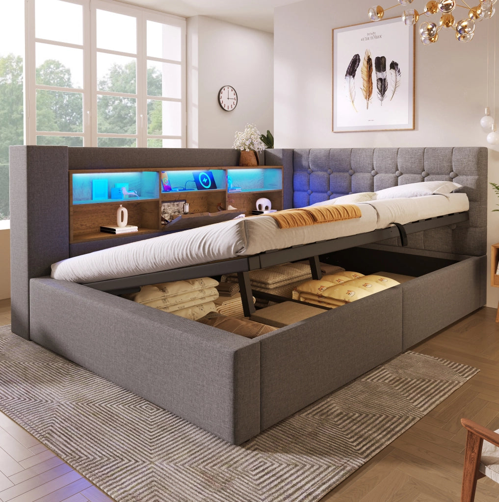 Letto imbottito 140x200 cm con LED, vano contenitore e testiera L