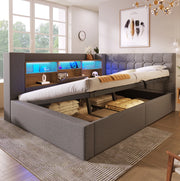 Letto imbottito 140x200 cm con LED, vano contenitore e testiera L