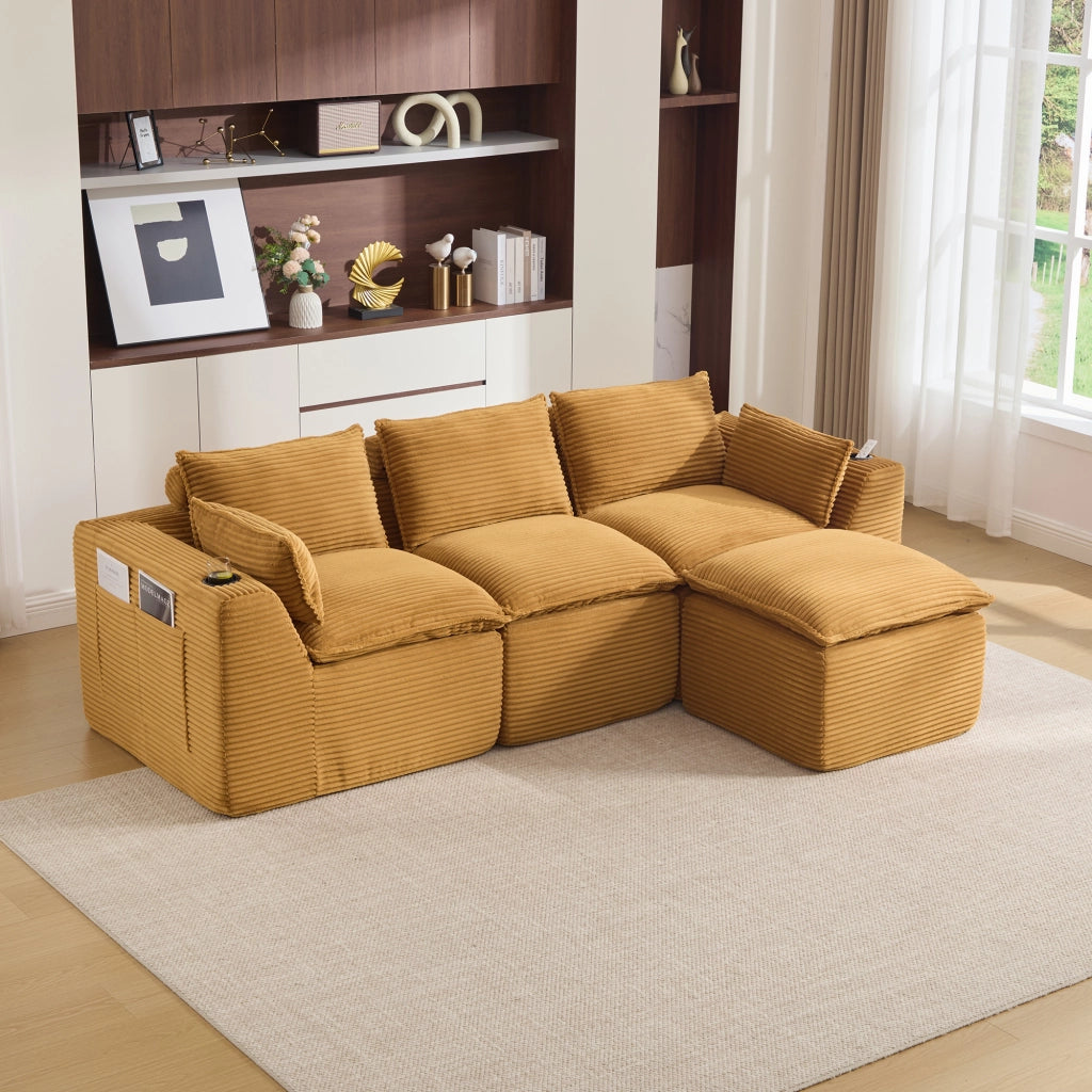 Divano modulare 3 posti con pouf; cuscini e tasche laterali - in corduroy arancione