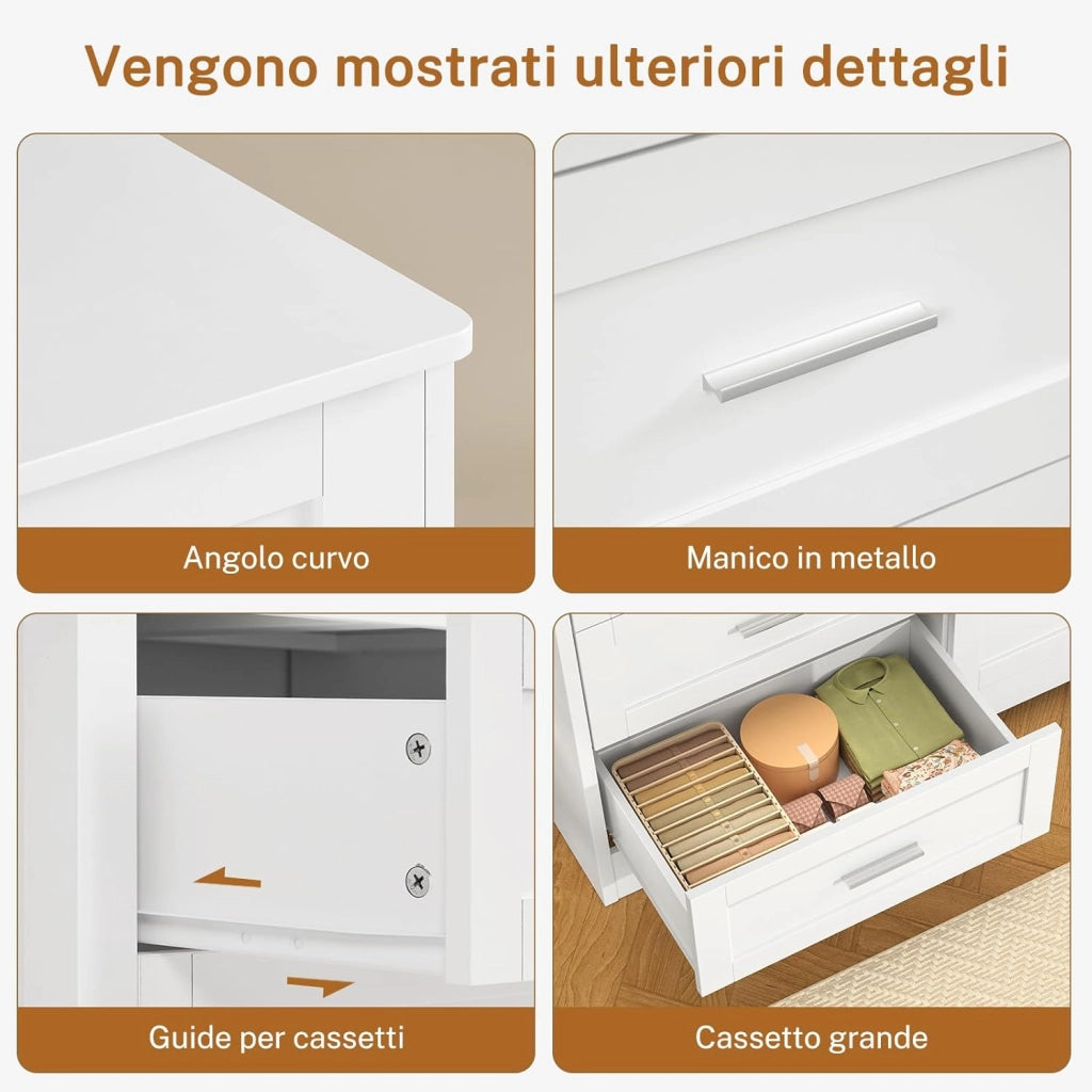 Cassettiera Camera da Letto, Settimino con 8 Cassetti - Comò Bianco Moderno e Salvaspazio, Ideale per Soggiorno e Ingresso, 107x35x96.5 cm