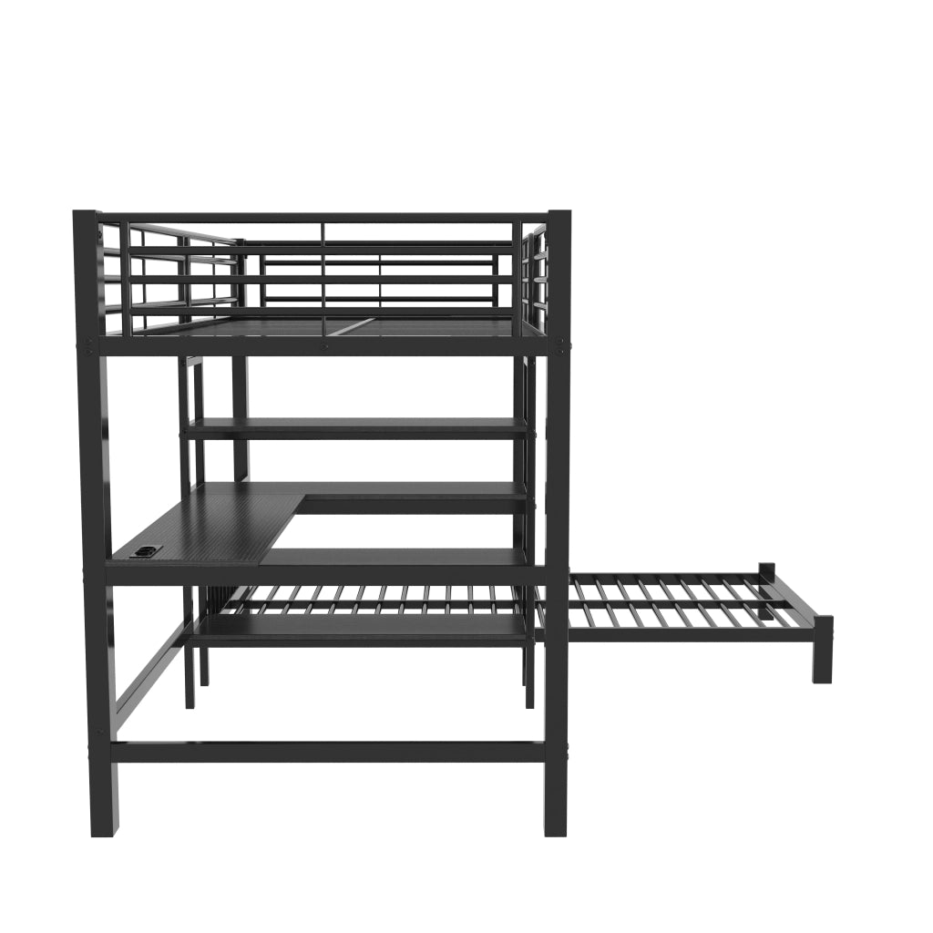 Letto a soppalco per bambini 90 × 200 cm con scrivania, prese USB e Type-C, ripiani, senza materasso, nero