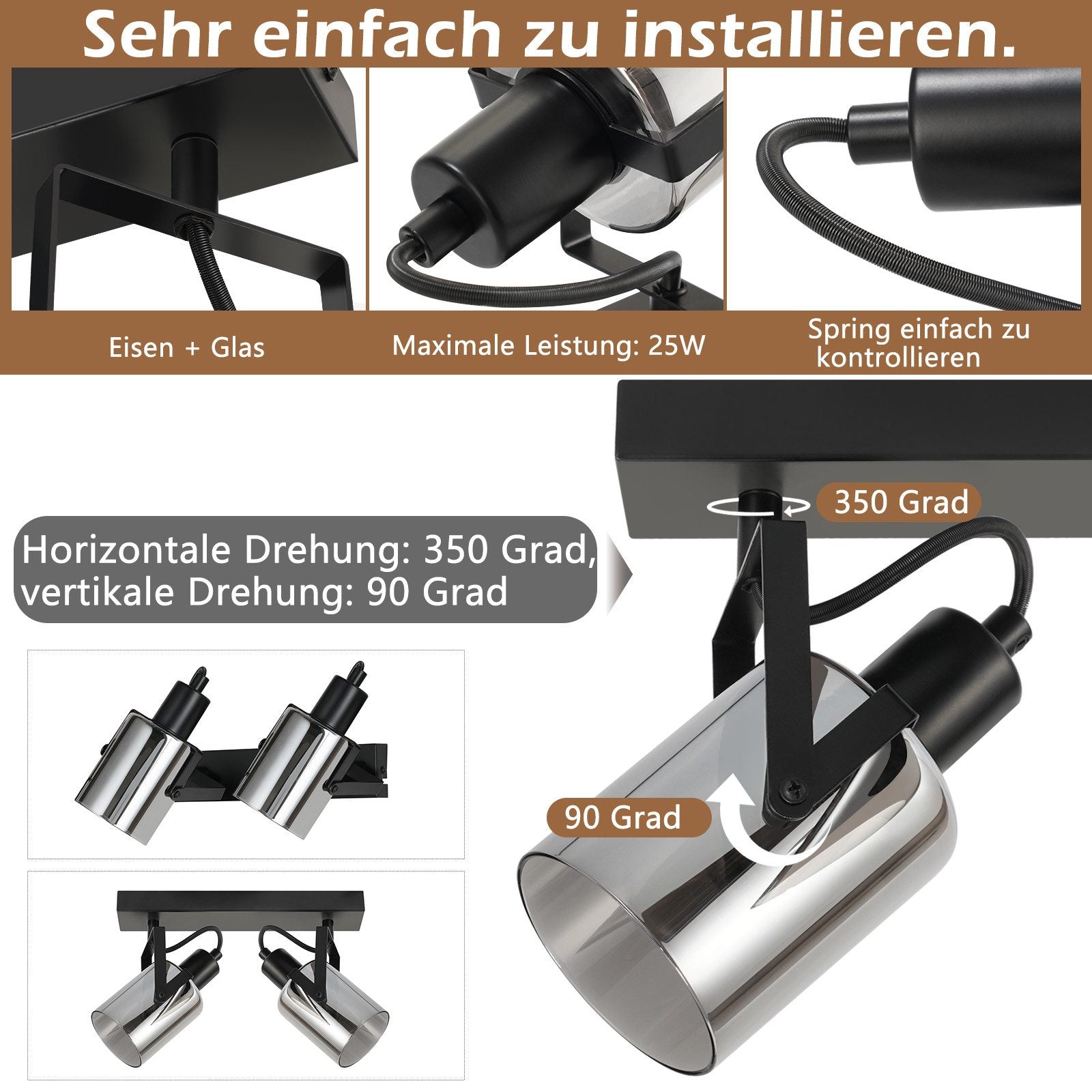 ZMH Faretto da soffitto 2 fiamme vetro grigio fumo E14 per camera letto