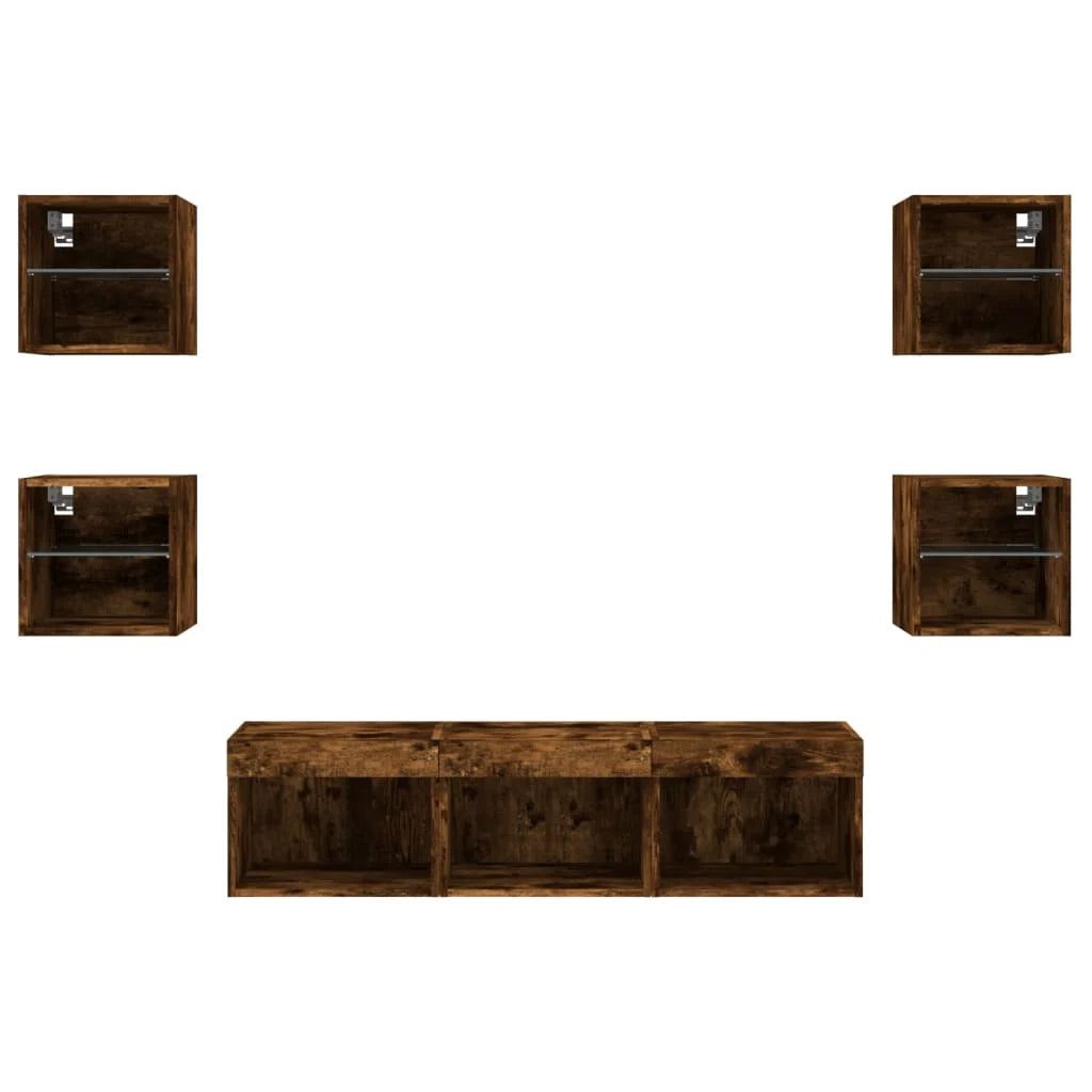 Mobile TV multimediale scaffale TV credenza mobile TV sala da pranzo soggiorno camera da letto con illuminazione a LED 7 pezzi rovere affumicato legno ingegnerizzato marrone 02_0029469