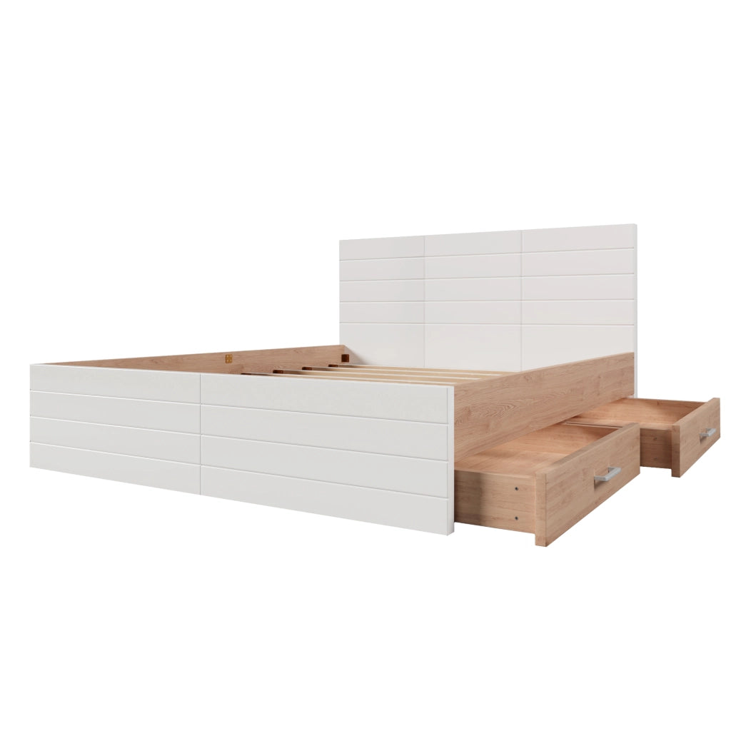 Letto matrimoniale 140x200 cm in legno massello e MDF con 2 cassetti, rete a doghe, bianco e rovere
