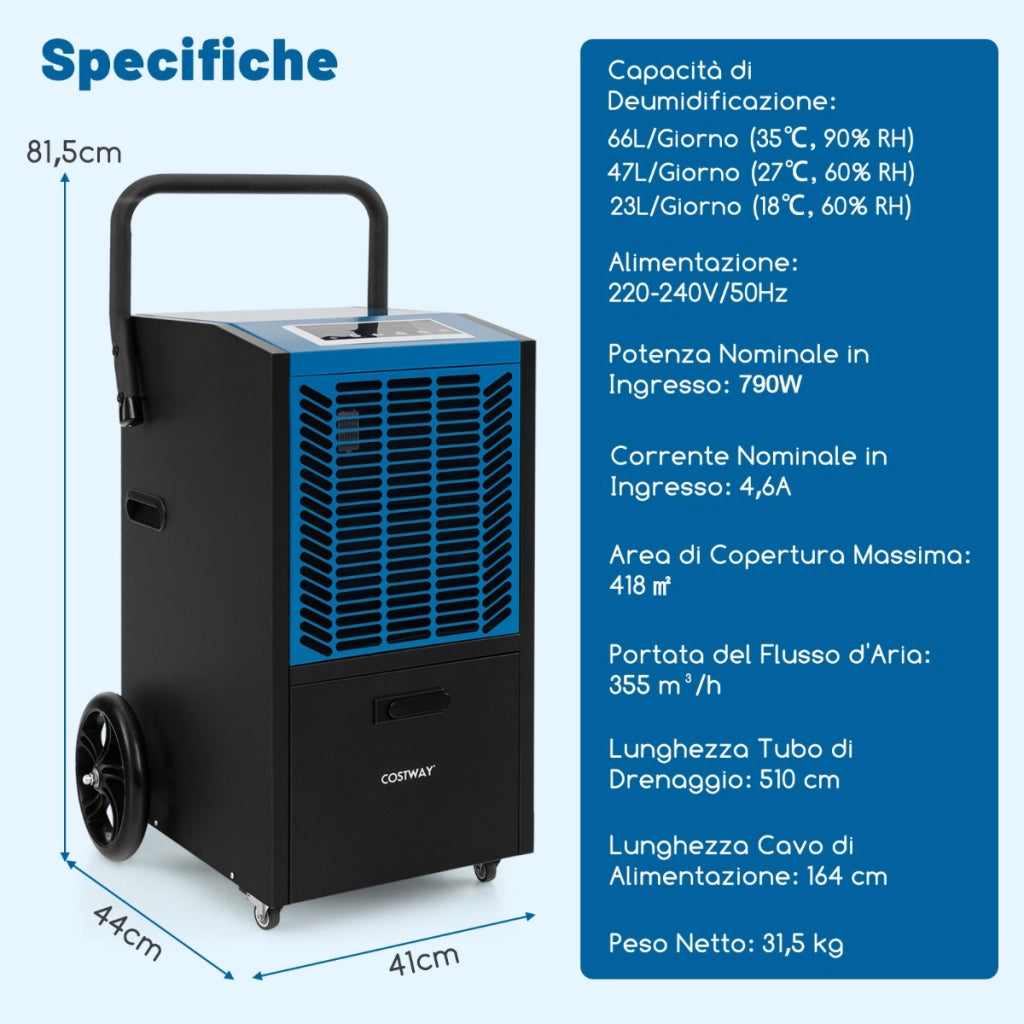 Deumidificatore commerciale da 66L/giorno, Deumidificatore con pompa e tubo di drenaggio timer 24h e 4 ruote Blu-Condizionatori aria