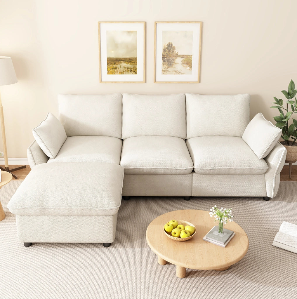 Divano angolare a L in chenille beige con pouf e 2 cuscini, 222,5 x 154,5 cm