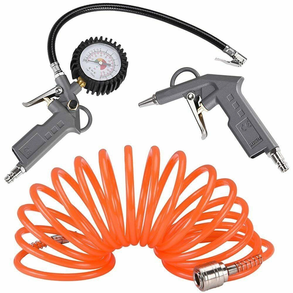 Trade Shop - Kit Compressore Doppia Pistola Soffiaggio Aria Compressa Tubo 5mt Manometro 3pz -