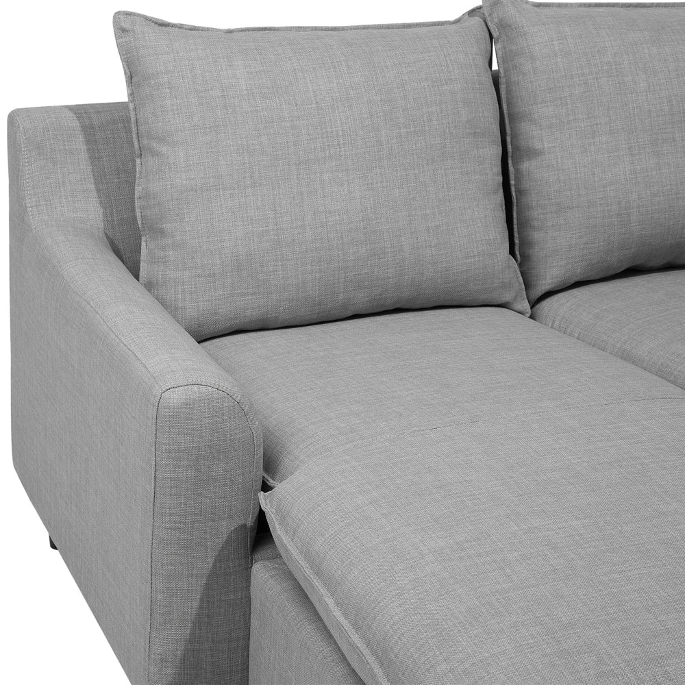 Divano ad angolo Rivestimento in tessuto grigio chiaro Gambe in legno scuro Chaise longue a 3 posti a versione sinistra Cuscino schienale