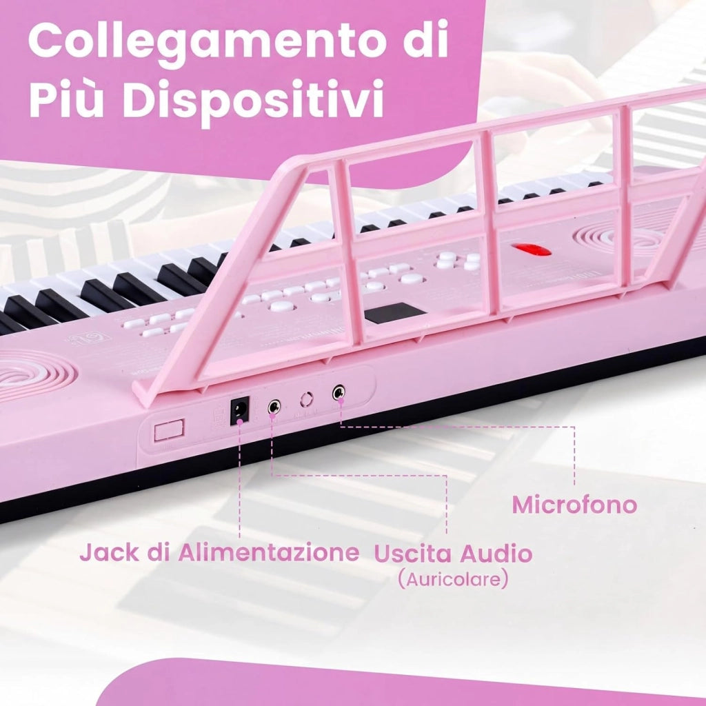 Pianoforte Digitale a 61 Tasti, Pianoforte Elettronica con Supporto, Microfono, Pianoforte Portatile con Adesivi per Tasti e Borsa da Trasporto, per Bambini e Adulti (Rosa)