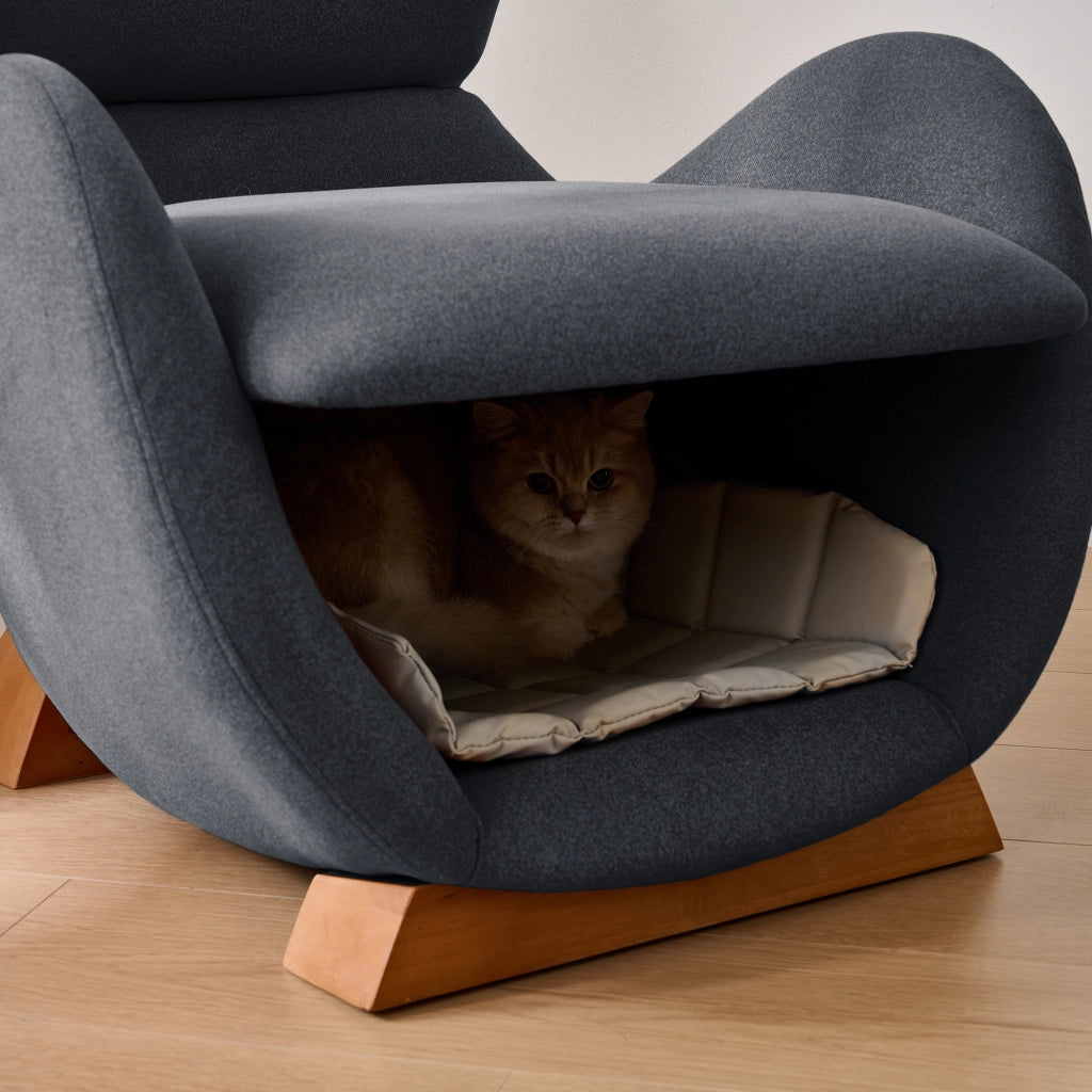 OKWISH Poltrona Lounge con Nicchia Integrata per Gatto e Cane di Piccola Taglia, Tessuto Resistente ai Graffi, Legno e Tessuto, Grigio