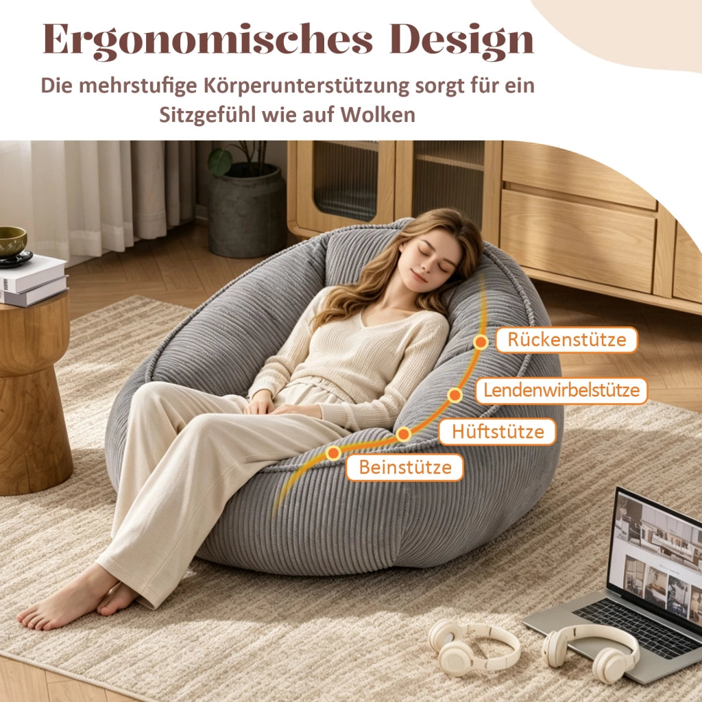 Poltrona pouf con schienale ergonomico - per relax - in velluto a coste - grigio