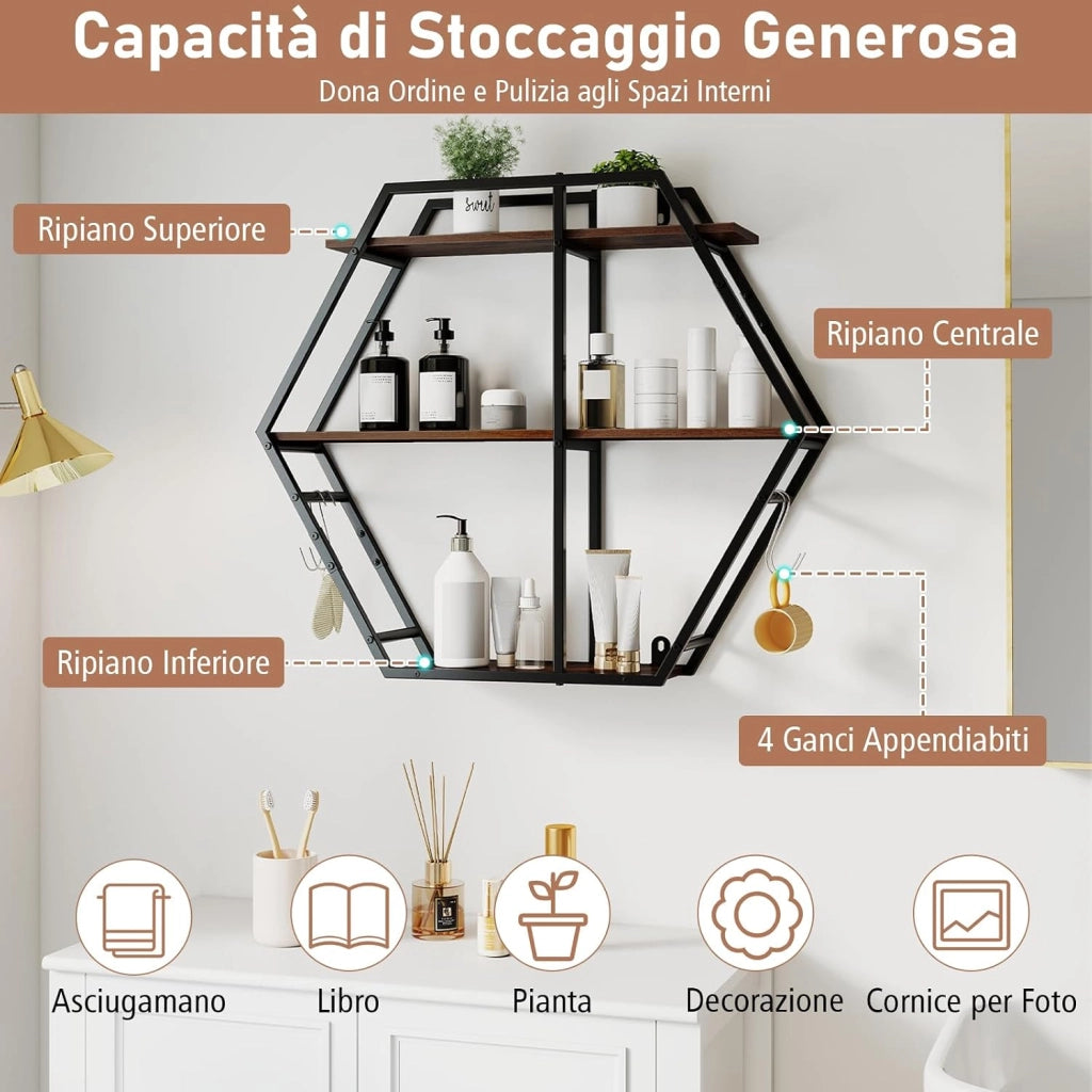 Mensola da Muro, Mensole Esagonali Industriali a 3 Livelli con Ganci e Struttura in Metallo, Mensole Galleggianti per Camera da Letto, Soggiorno e Cucina, 80x18x69,5 cm (Stile 1)