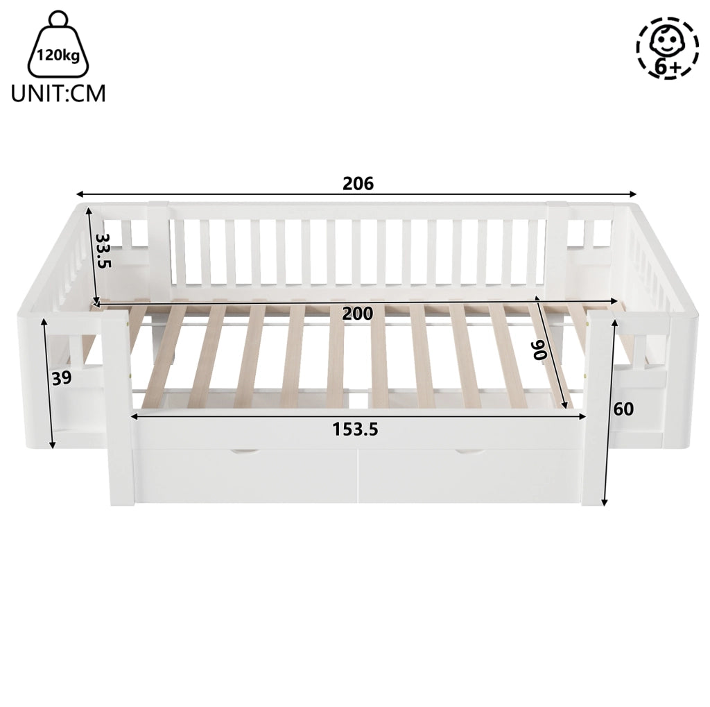 Letto pedana per bambini 90x200 cm con sponde alte e due grandi cassetti, bianco