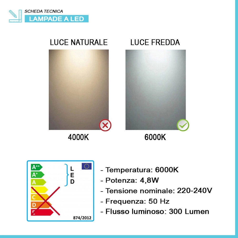 Specchio bagno 60x70 cm reversibile con lampada a luce LED fredda