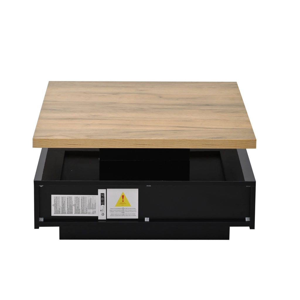 Tavolino basso con piano girevole a 360° e vano contenitore, per soggiorno, in truciolare, noce e nero, 70 × 70 × 36 cm