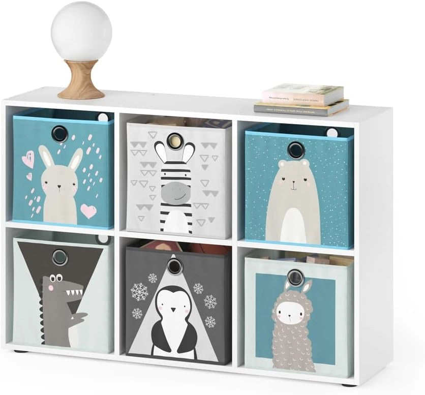Libreria bambini, Bianco, 72 x 107.8 cm con 6 scatole pieghevoli, adatto per riporre giocattoli e libri