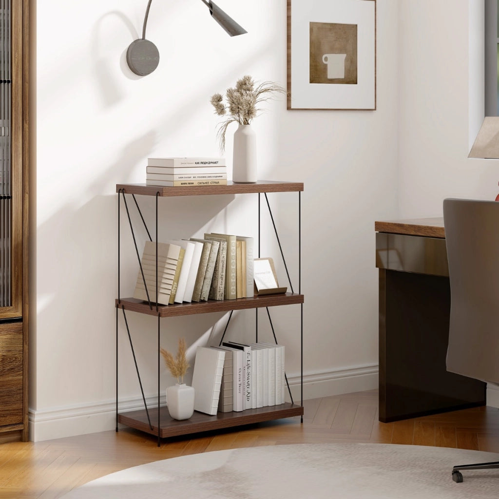 Scaffale multiuso a 3 ripiani con struttura in metallo-Libreria autoportante con stile industriale Noce 61x29,5x85,5cm