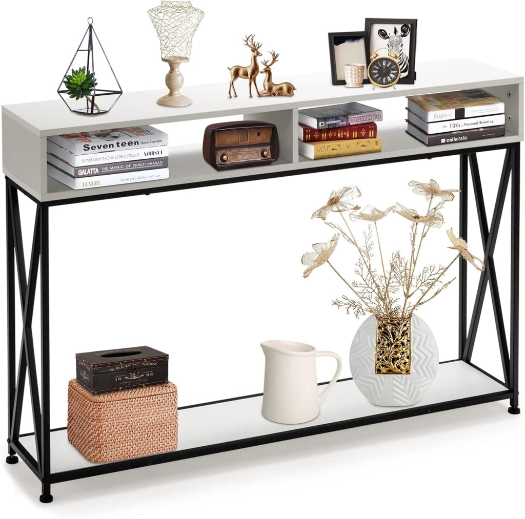 Tavolo Consolle Ingresso, Tavolini Stretto a 3 Ripiani, Salvaspazio e Multiuso, in Ferro, Industriale, Portata di 45 kg, 120x23x79cm, 3 Colori Disponibili, Nero/Bianco/Marrone