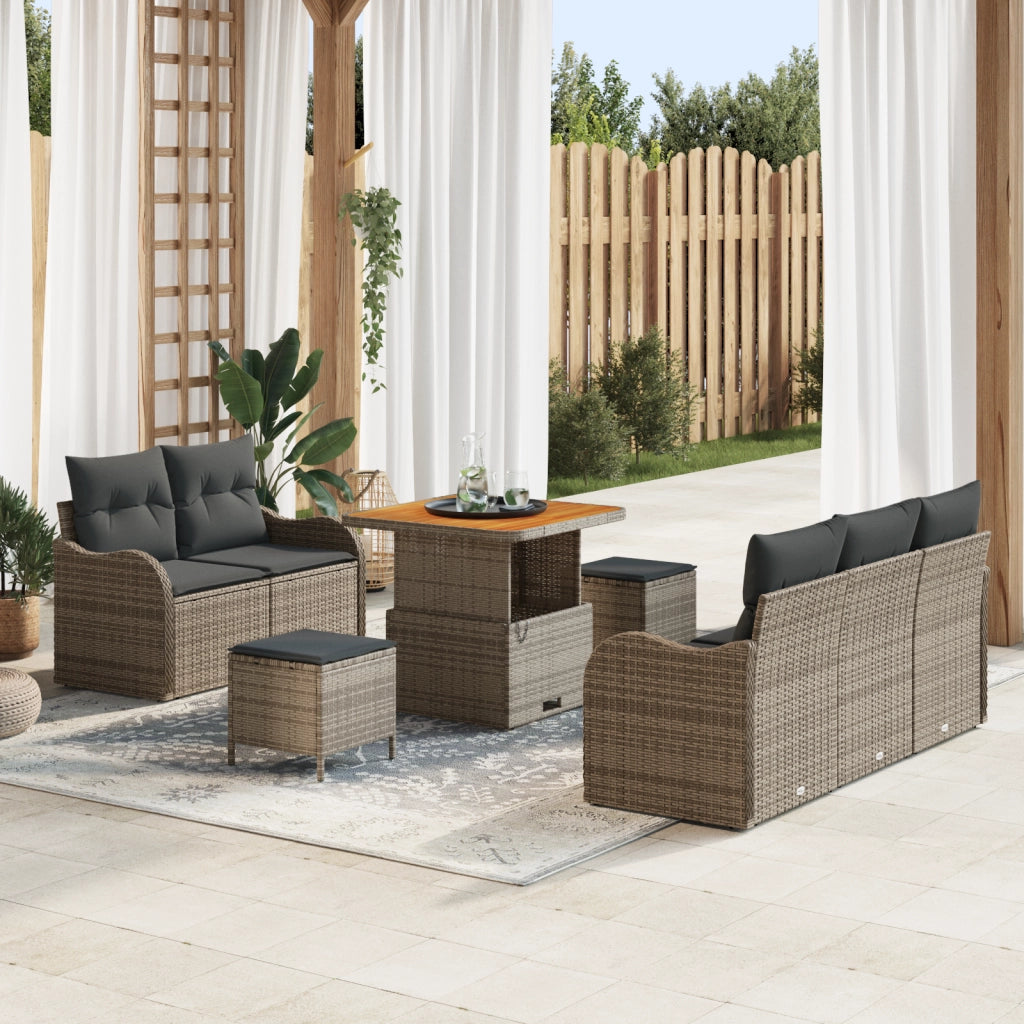 Set Divano da Giardino con Cuscini Grigio Polyrattan Acacia a 8 Pezzi
