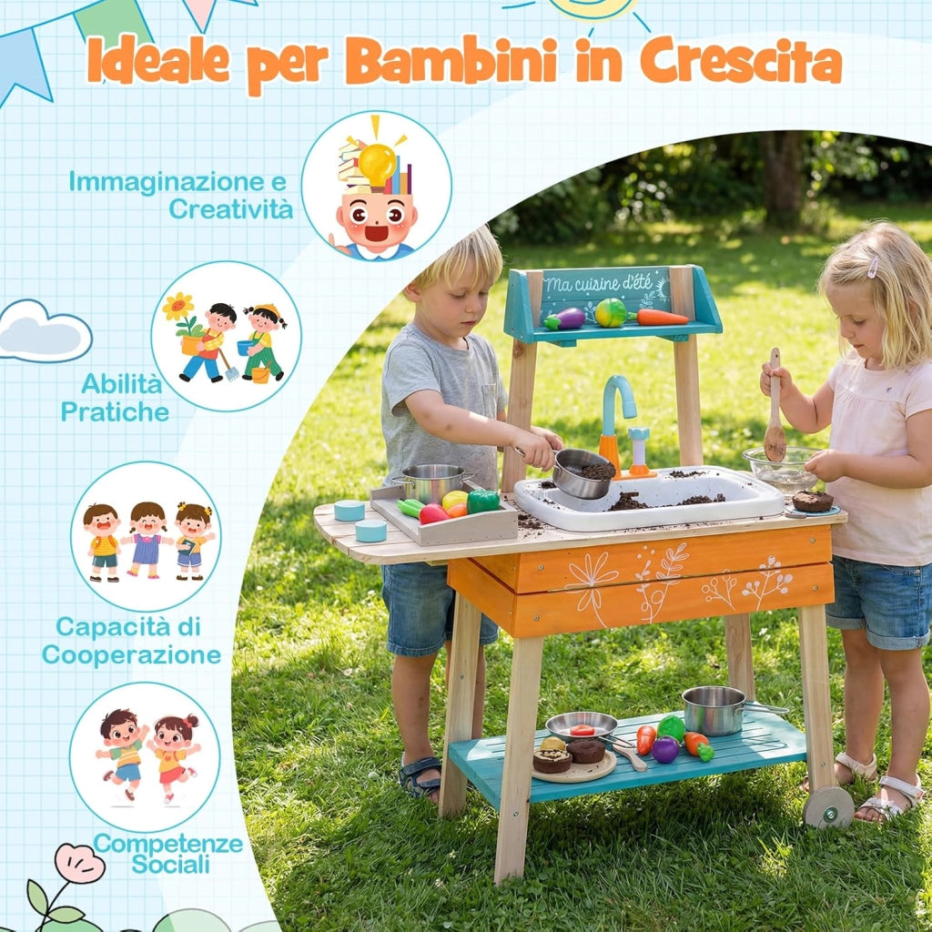 Cucina Giocattolo per Bambini, Cucinatta in Legno da Esterno con 2 Ruote, Griglia, Manopole Girevoli, Lavandino e Rubinetto, Cucina da Fango Interattiva con Accessori per Bambini 3+ Anni