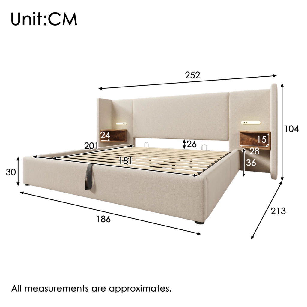 Letto contenitore 180x200 cm con testiera multifunzione; luce lettura e USB in lino beige