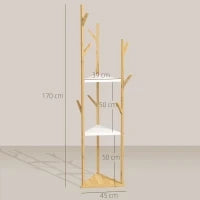 Albero Appendiabiti da Terra in Bambù con 9 Ganci e 3 Ripiani, Legno Naturale e Bianco