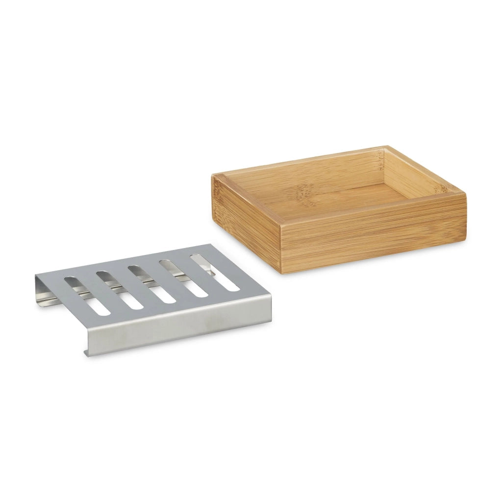 Portasapone rettangolare in bambù con griglia di supporto in acciaio inox per sapone naturale da bagno 13_0002237