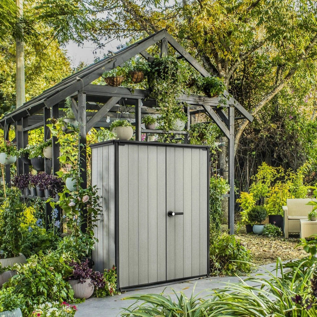 Armadio da esterno Digby, Mobile outdoor, Mobiletto giardino multiuso, Contenitore per balcone o garage, 140x74 h170 cm, Grigio