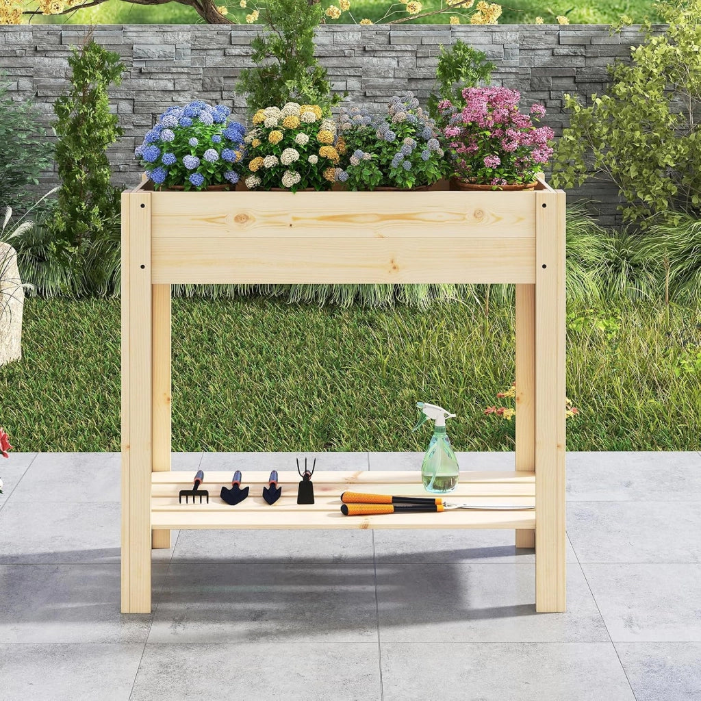Letto da Giardino Rialzato in Legno, Fioriera Elevata con Ripiano, Drenaggio, Contenitore per Fiori, Erbe e Frutta, Scatola da Giardinaggio per Interno ed Esterno, 81x37x77CM