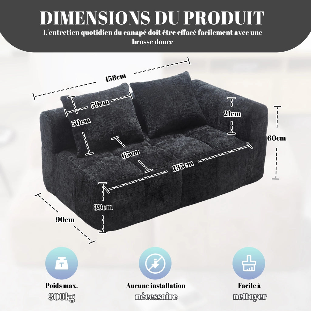 Sofa comodo per 2 persone - Zephmum- Cuscino, tasche laterali, nero
