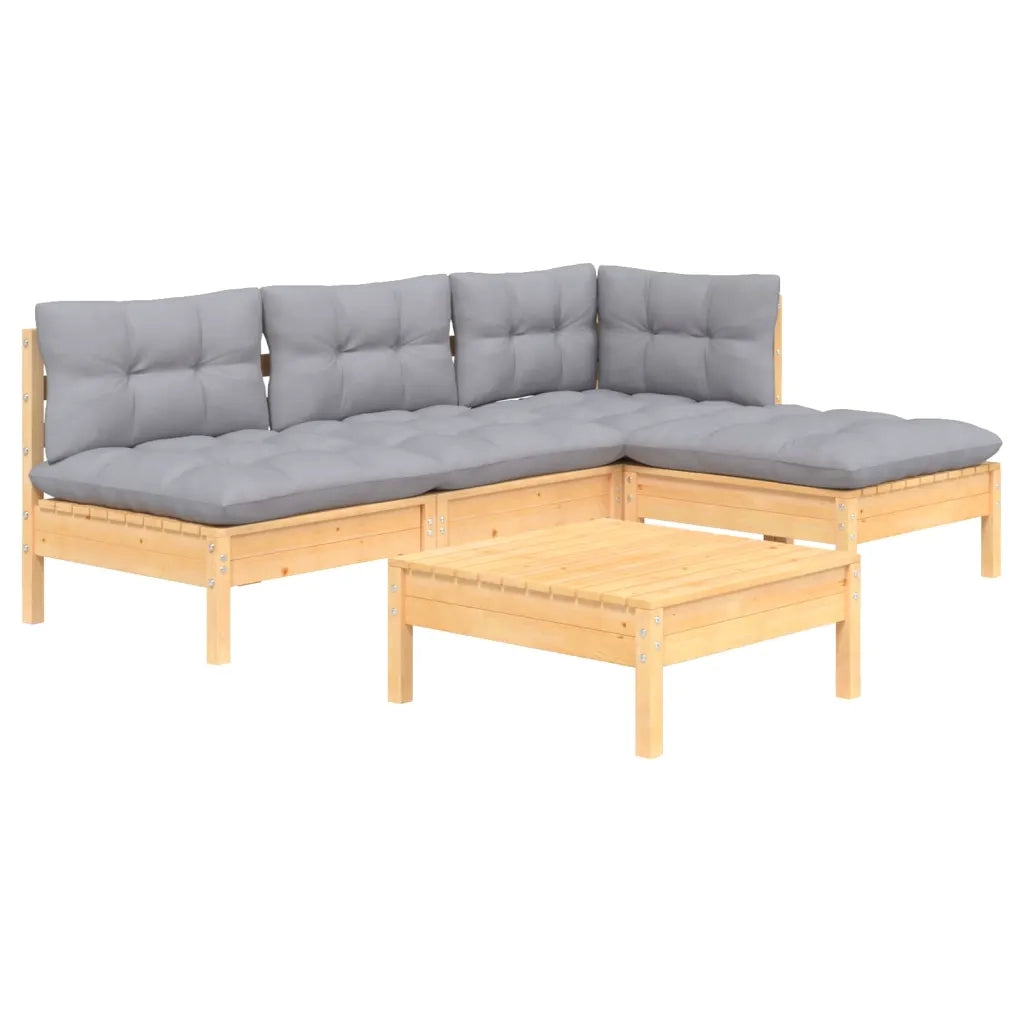 Set Divani da Giardino 5 pz | Set Salotto da Giardino con Cuscini Grigi Massello di Pino