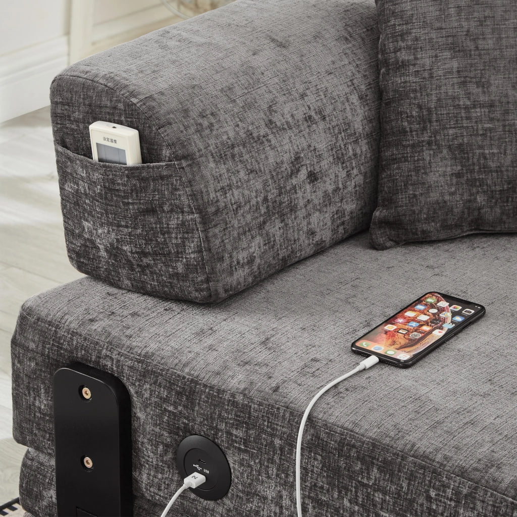 Divano letto pieghevole 2 in 1 con funzione letto porte USB e Type-C tasche laterali e box contenitore in tessuto dark grey