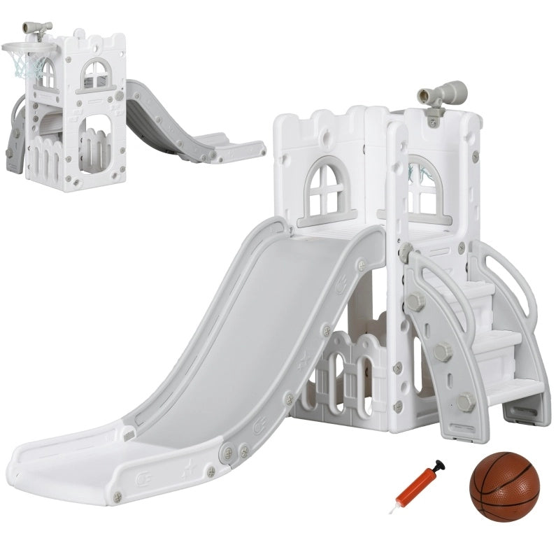 Scivolo per bambini 5 in 1 grigio con canestro, telescopio e contenitore