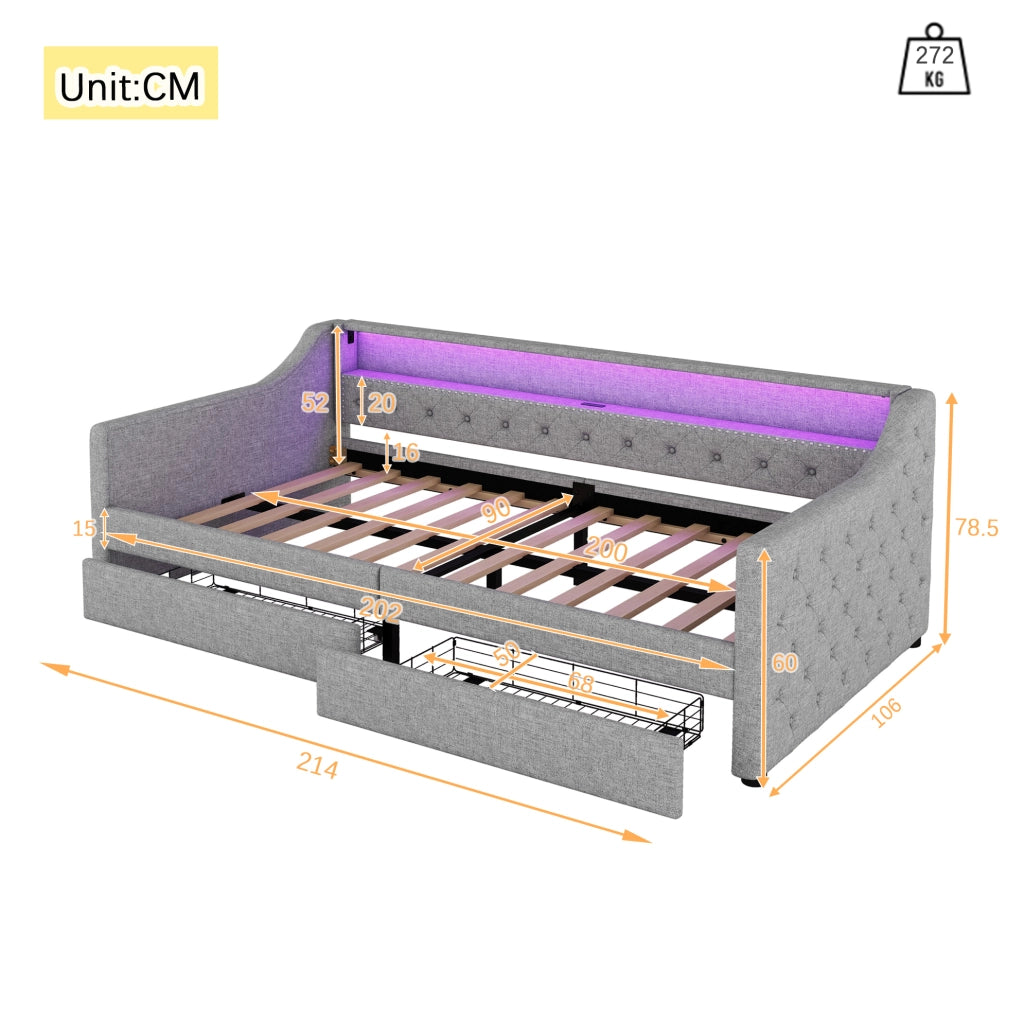 Daybed 90x200 cm con LED, USB e 2 cassetti