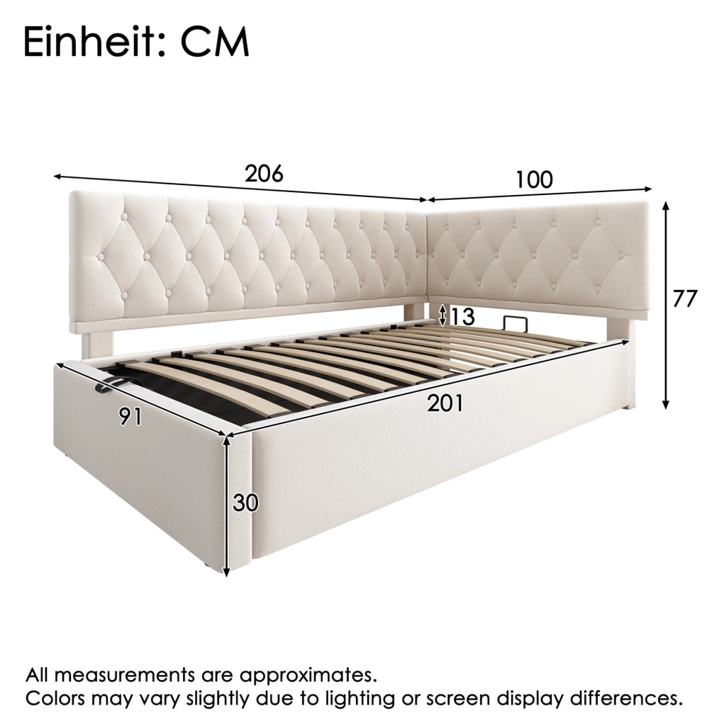 Letto imbottito con contenitore idraulico 90x200 cm in velluto beige