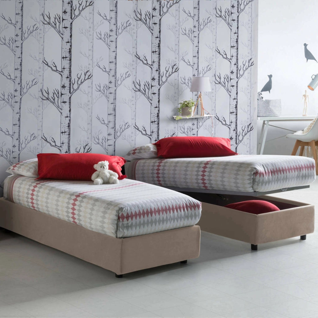 Letto singolo Aquolina, Letto contenitore con rivestimento in tessuto, Made in Italy, Apertura frontale, adatto per materasso cm 80x190, Tortora