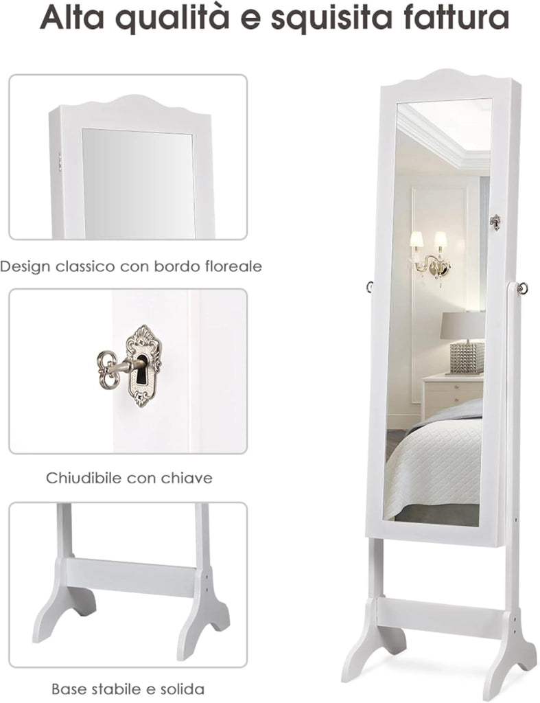 Armadietto Portagioie Specchiera per Gioielli con Chiave e Luci LED, Specchio Figura Intera da Terra, 160x41,5x37cm (Bianco)
