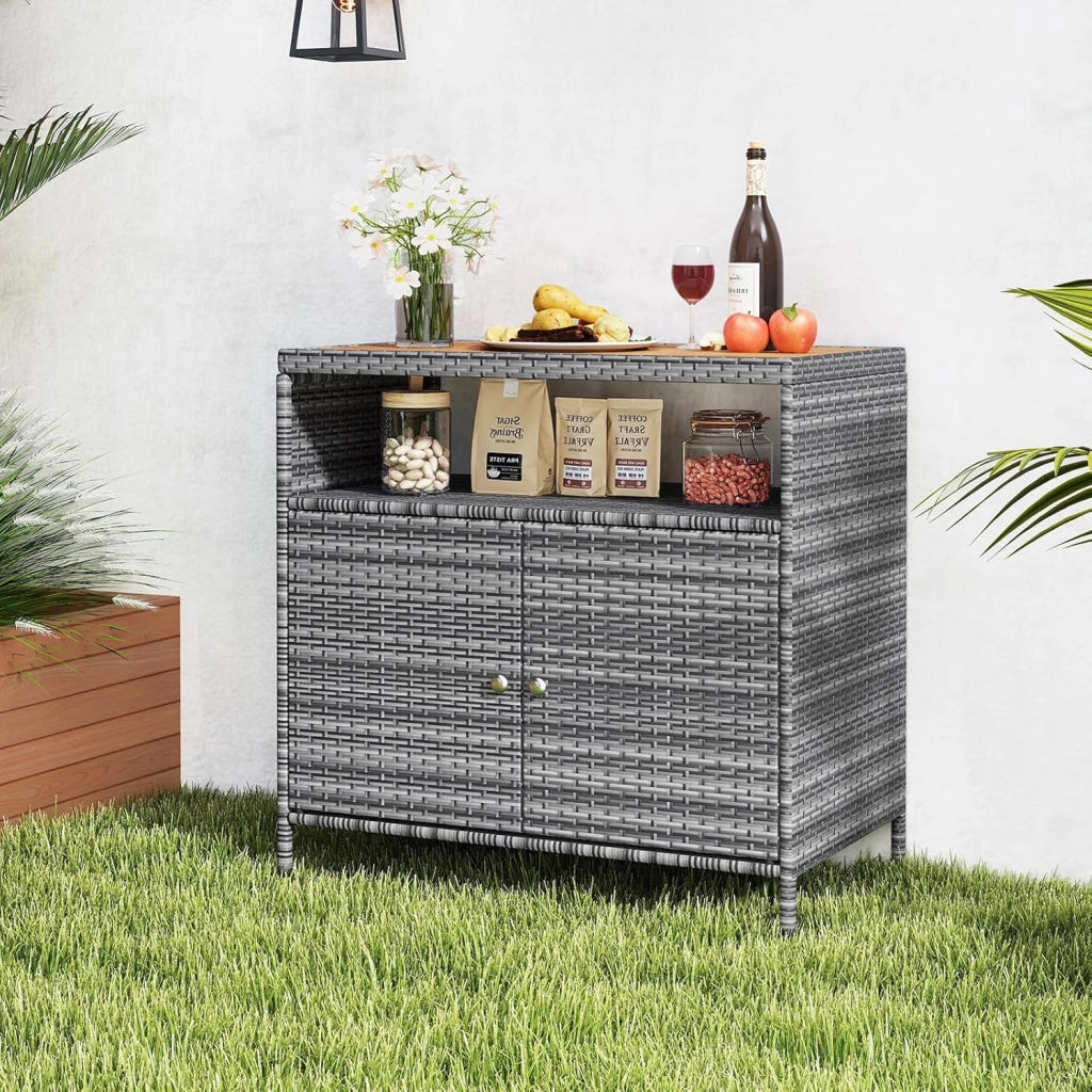 Armadietto da giardino, credenza in rattan, armadio portaoggetti con piano di lavoro e mensola, armadio per giardino, balcone e piscina, 90 x 53 x 86 cm, grigio