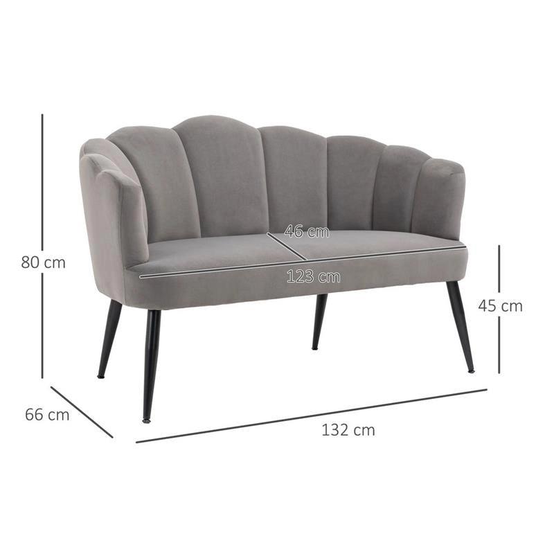 DIVANO 2 POSTI A CONCHIGLIA IN VELLUTO 132 X 66 X 80 CM GRIGIO