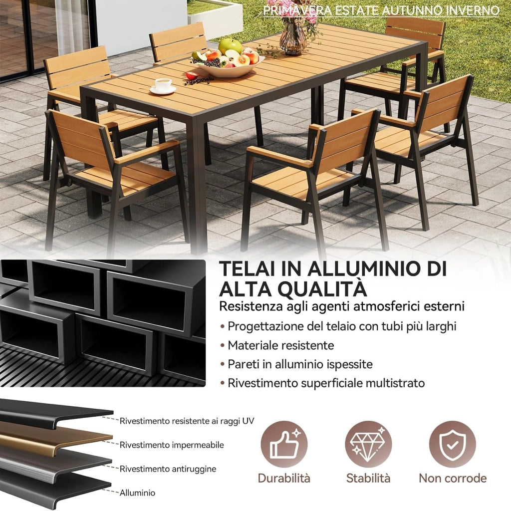 HDPS Set Tavolo e Sedie da Giardino 7 Pezzi Resistente alle Intemperie, Completo di Tavolo 189 cm e 6 Sedie da Esterno in Alluminio, Finitura a Vena di Legno e Facile da Manutenzionare,Naturale
