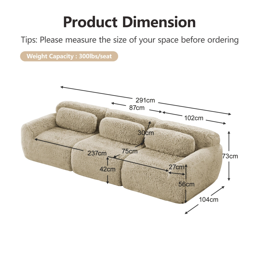 OKWISH Divano Modulare 3 Posti, senza Montaggio con Base Antiscivolo, Cuscini Inclusi, Peluche, Cachi Chiaro