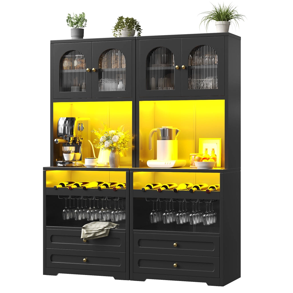 Credenza da cucina LED con ante in vetro e ripiani regolabili; per cucina e soggiorno; in MDF nero; 140 × 40 × 180 cm