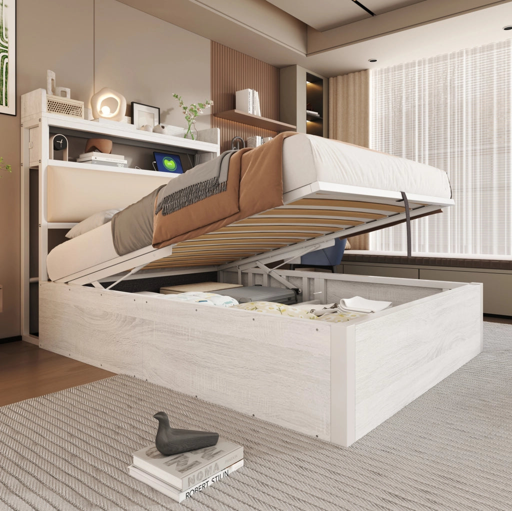Letto singolo 90x200 cm con contenitore; meccanismo di sollevamento idraulico; USB; bianco