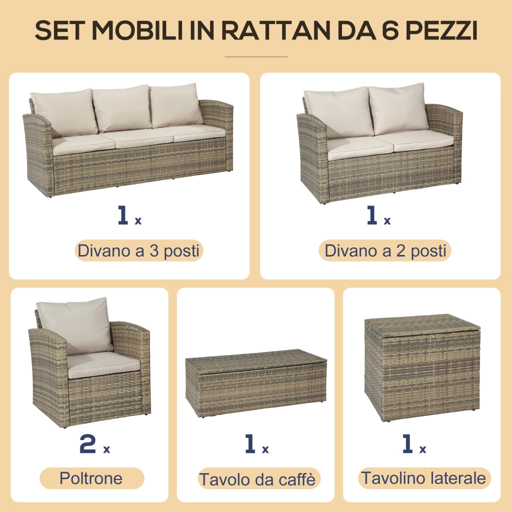 Set da Giardino 6 Pezzi in Rattan con Divani, Poltrone e Tavoli Contenitore, Beige