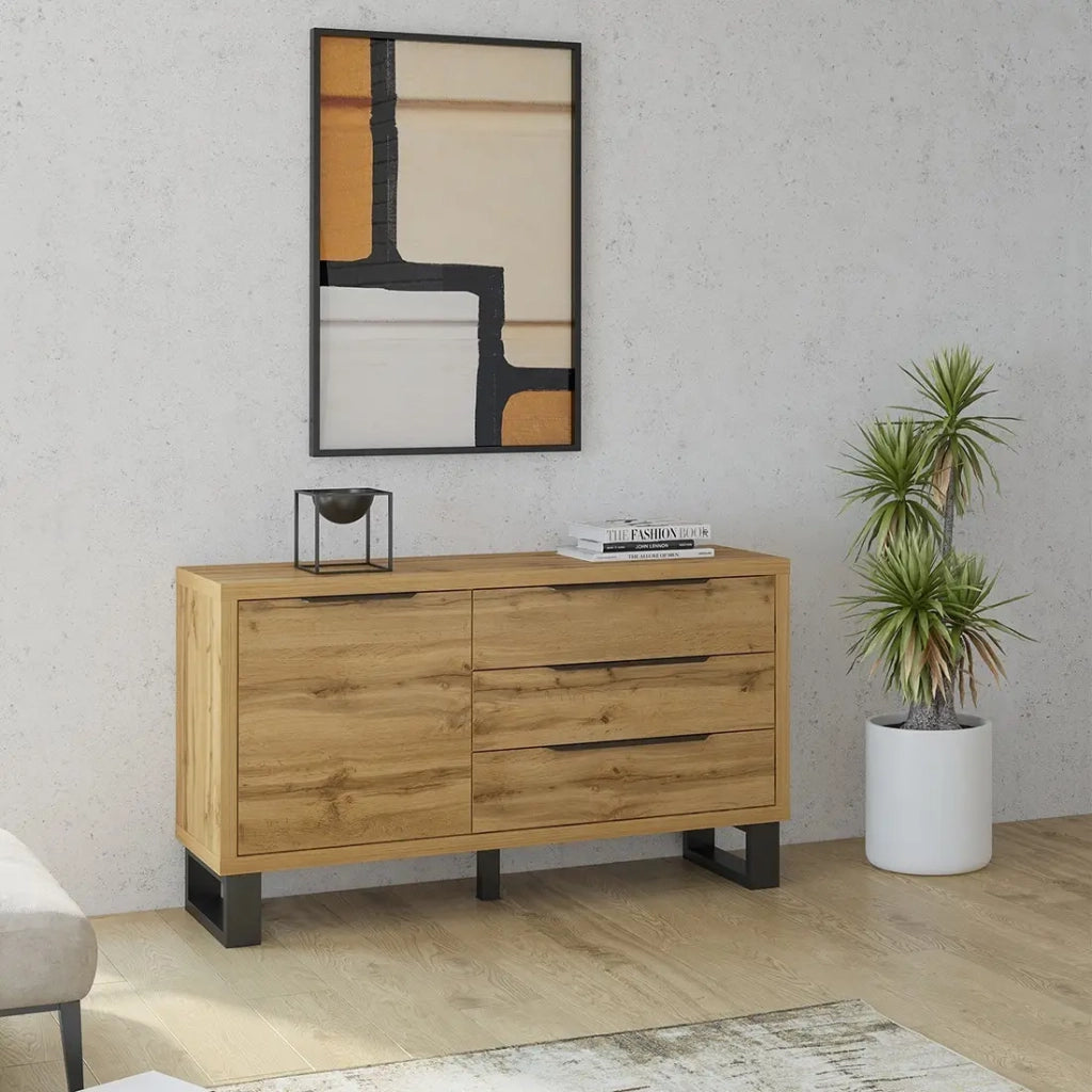 Buffet design 140cm. Collezione MILO una porta e tre cassetti. Colore rovere.