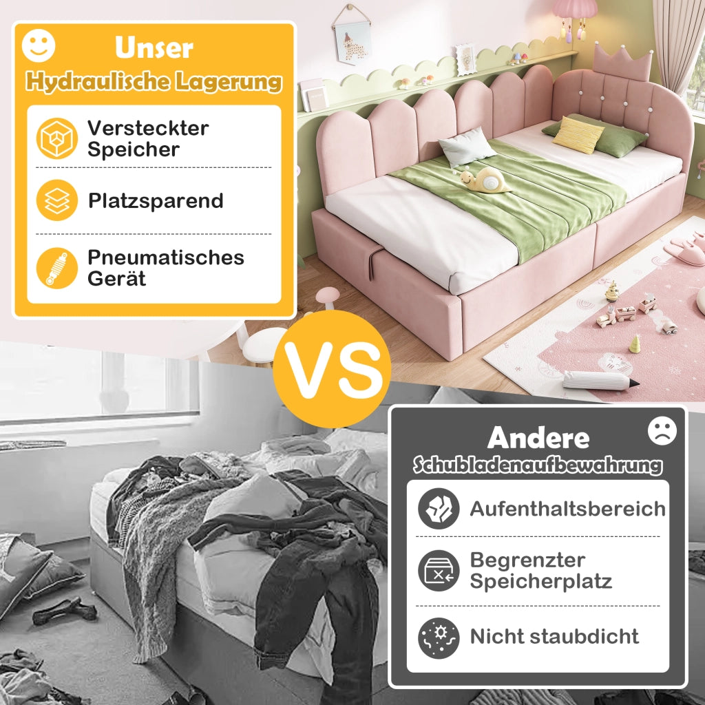 Letto contenitore per bambini 90 × 200 cm con sollevamento idraulico, senza materasso, in velluto rosa