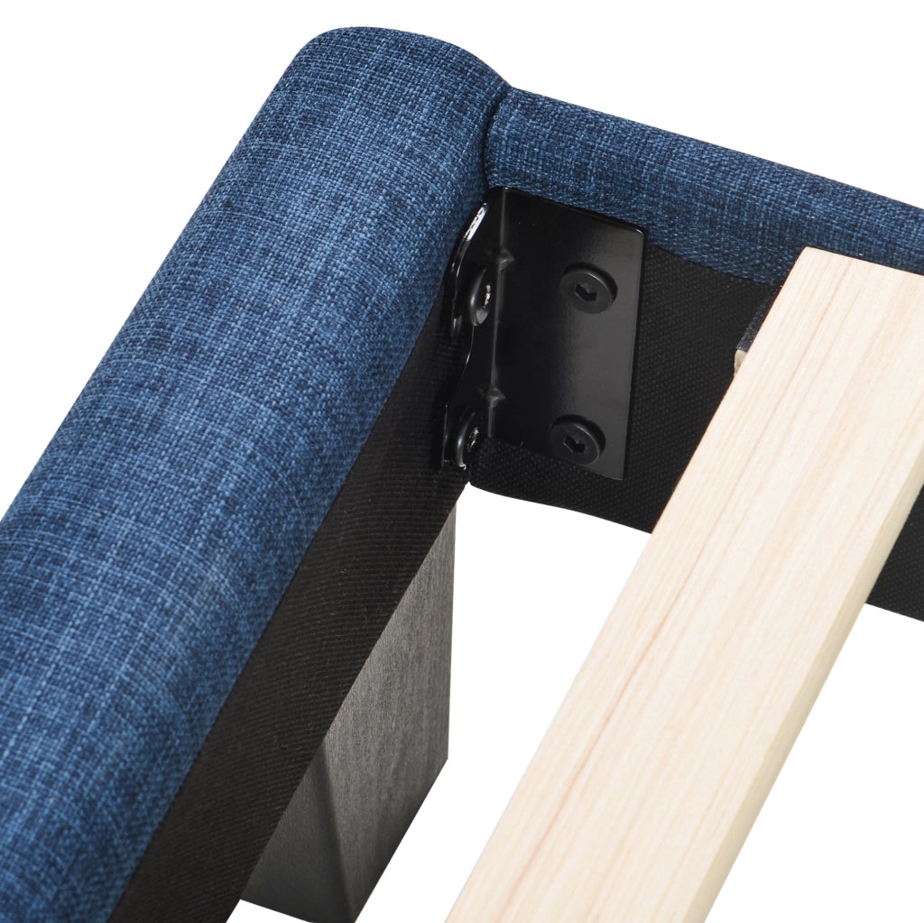 Letto singolo imbottito 90x200 cm in lino blu con rete a doghe e testiera per riposo confortevole