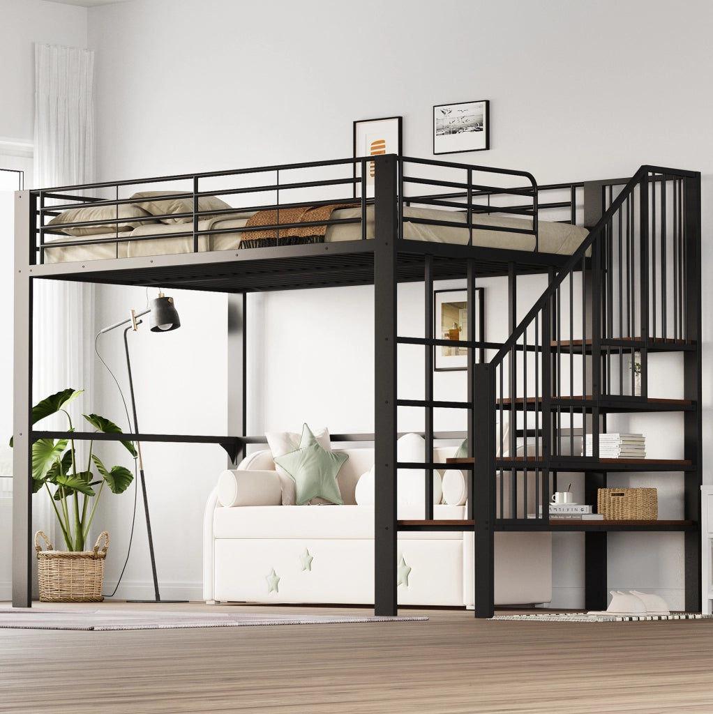 Letto a soppalco 140x200 cm con scala e vano sottostante; metallo; nero
